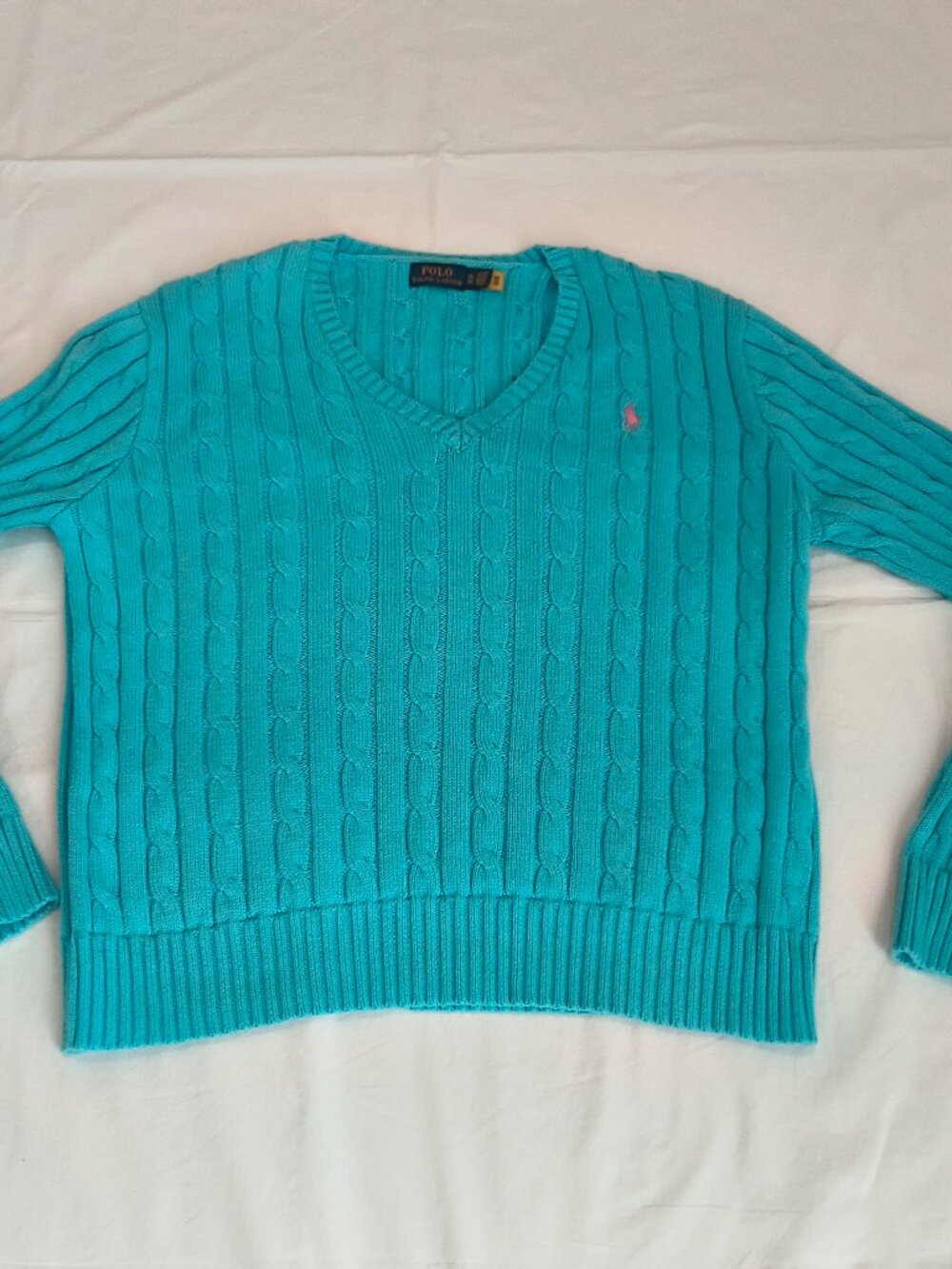 Polo Ralph Lauren turquoise cable-knit V-neck sweater 100% cotton size XL